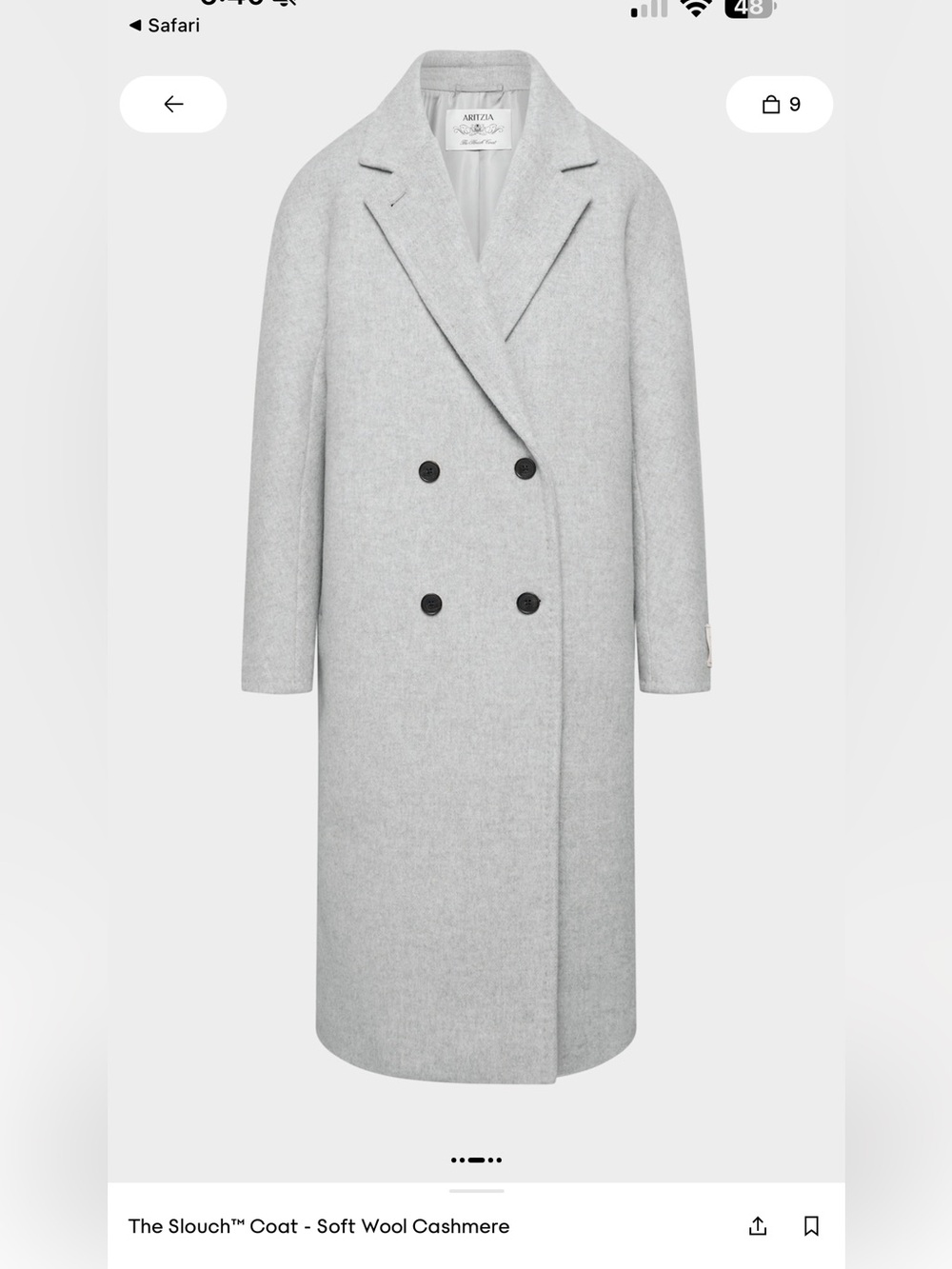 NWT Aritzia The Slouch Coat Soft Wool Cashmere Light Heather Grey Small